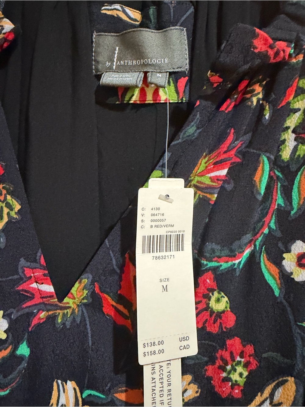 Anthropologie Black Floral V-Neck Tiered Midi Dress with Multicolor Bloom - Picture 2 of 3